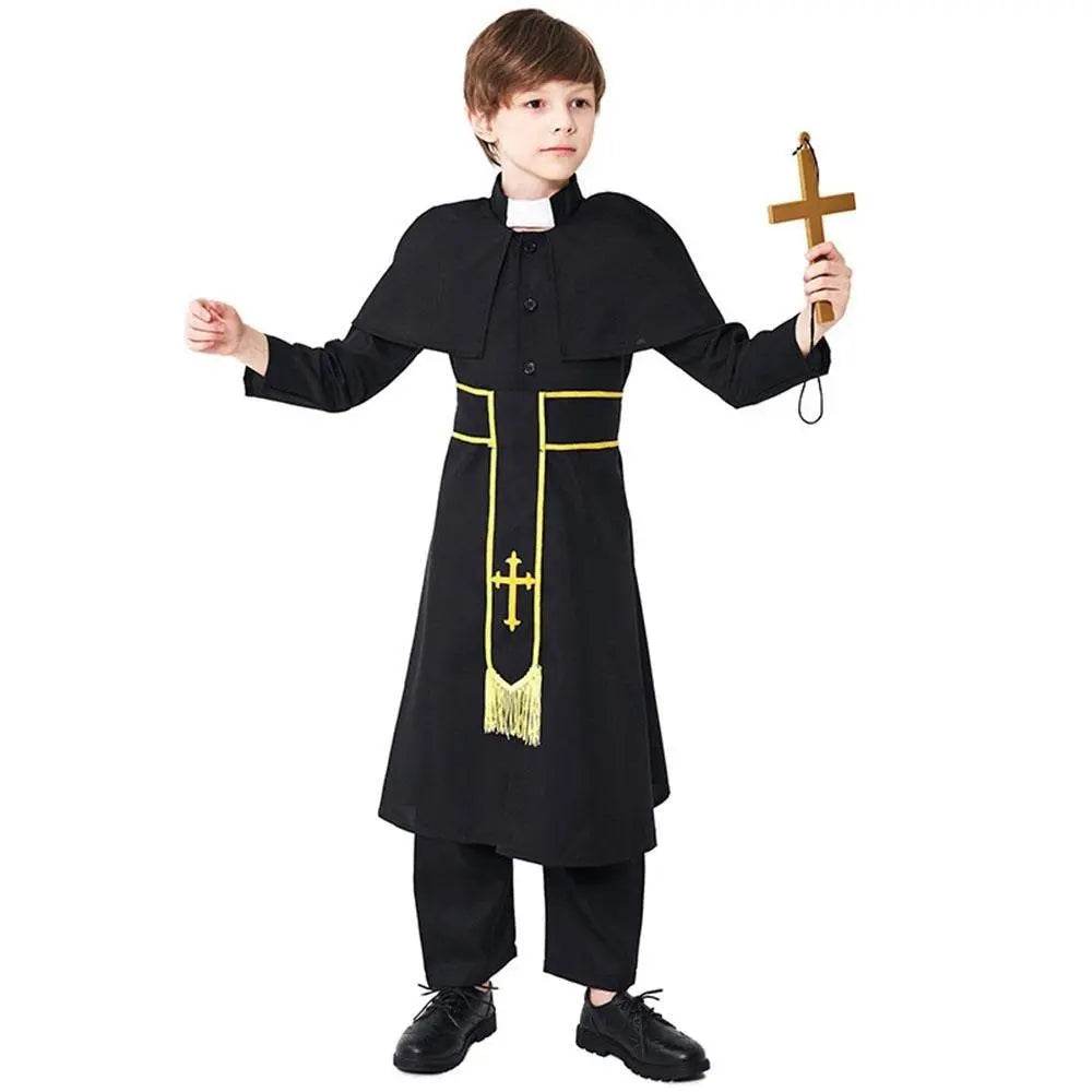 Black Robed Priest Halloween Outfits Carnival Cosplay Costume For Kids - Ecosfun