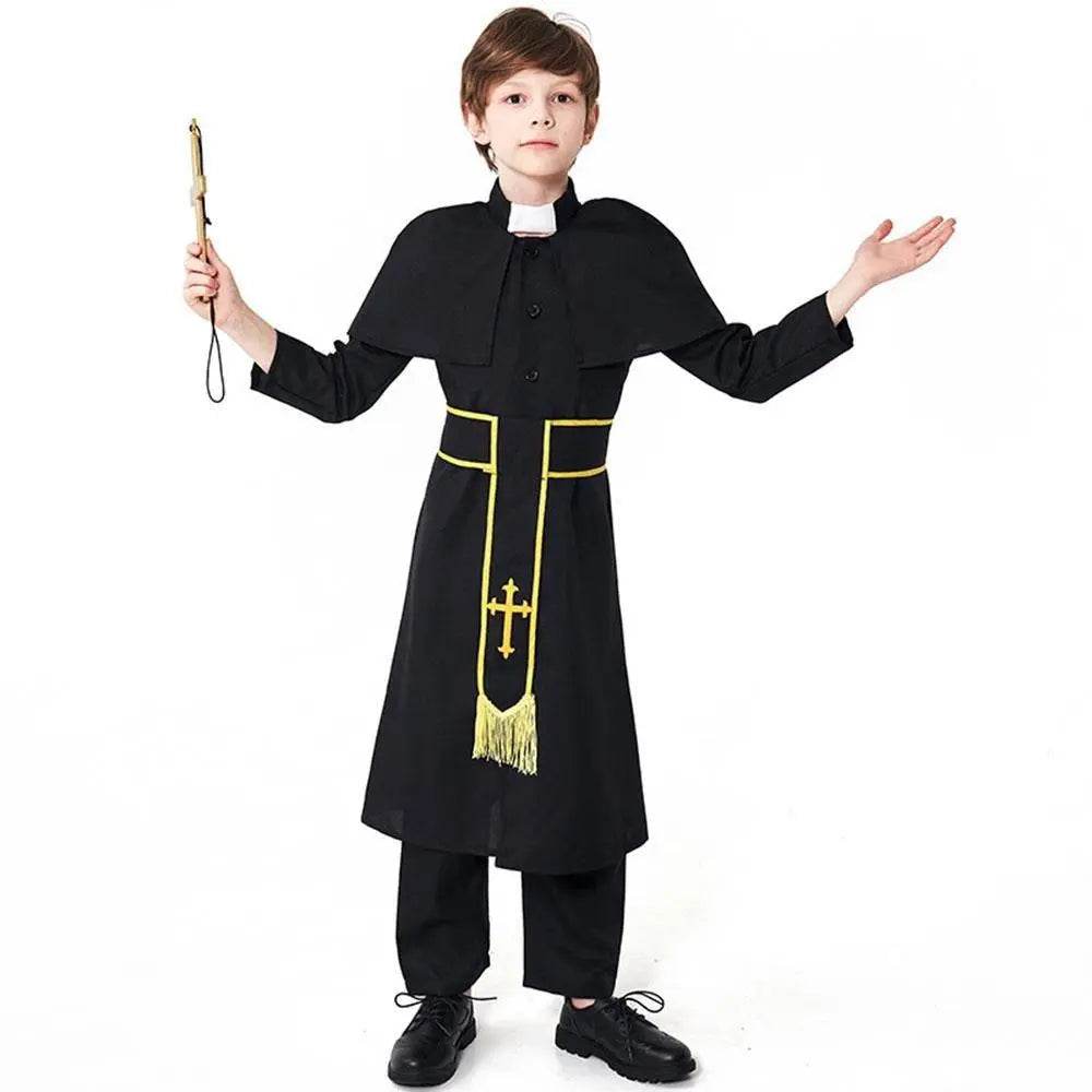 Black Robed Priest Halloween Outfits Carnival Cosplay Costume For Kids - Ecosfun