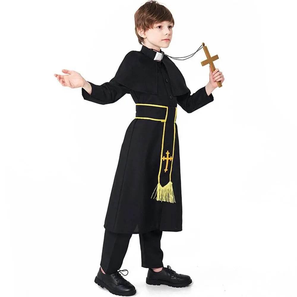 Black Robed Priest Halloween Outfits Carnival Cosplay Costume For Kids - Ecosfun