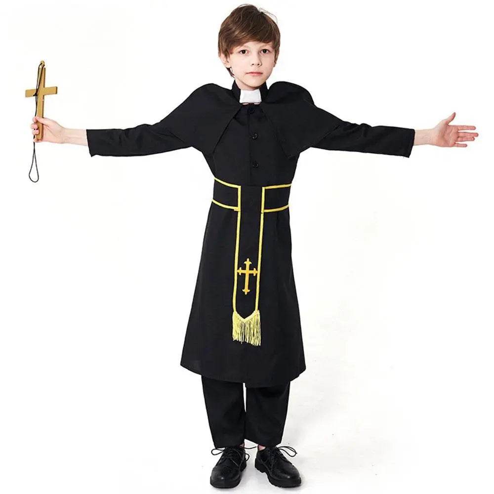 Black Robed Priest Halloween Outfits Carnival Cosplay Costume For Kids - Ecosfun