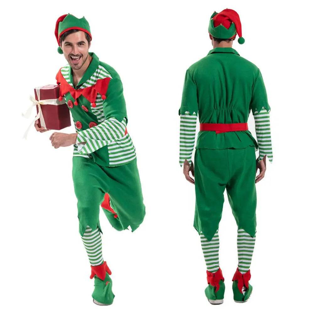 Christmas Elf Adult Men Costume with Elf Hat Stripes Design for Christmas Parties - Ecosfun