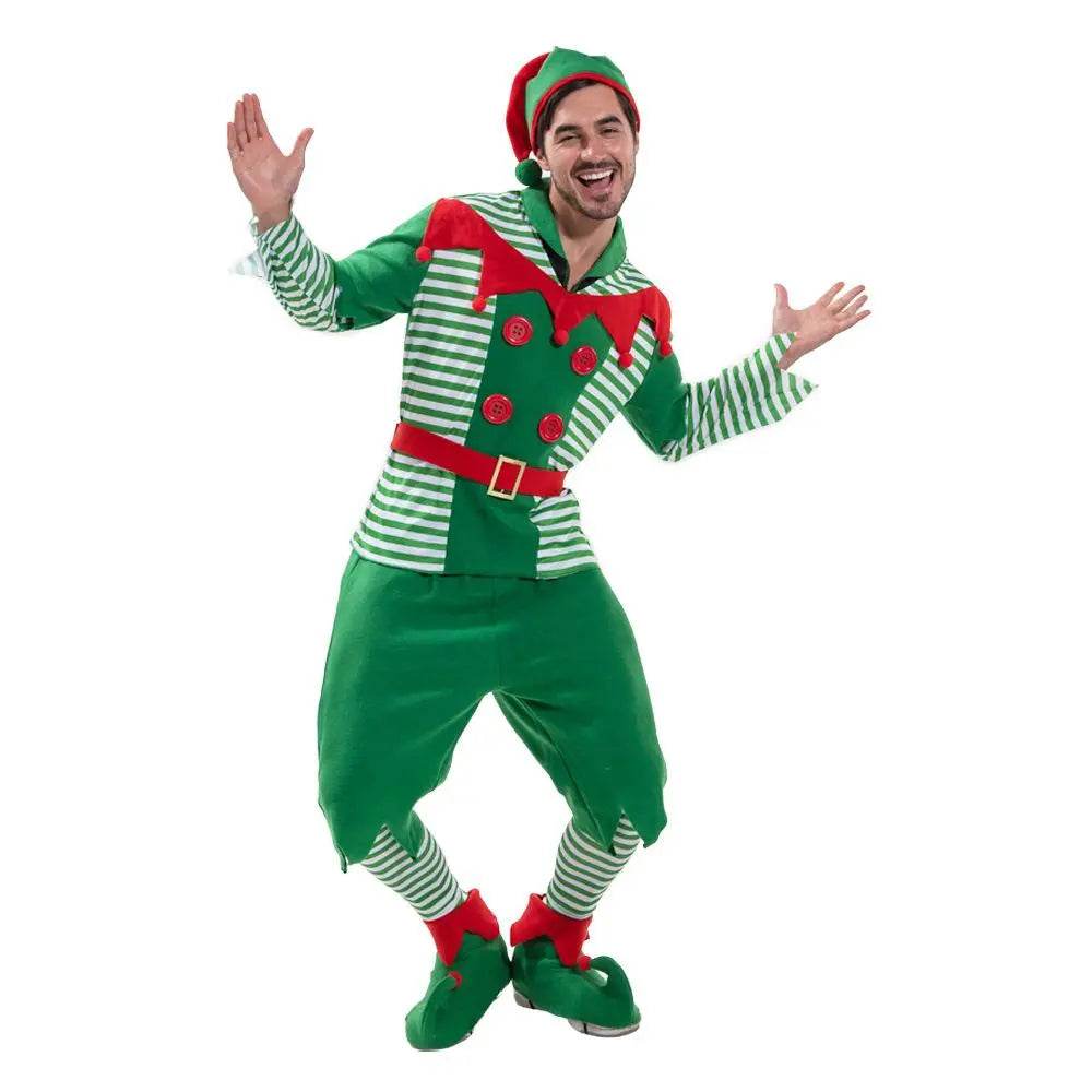 Christmas Elf Adult Men Costume with Elf Hat Stripes Design for Christmas Parties - Ecosfun