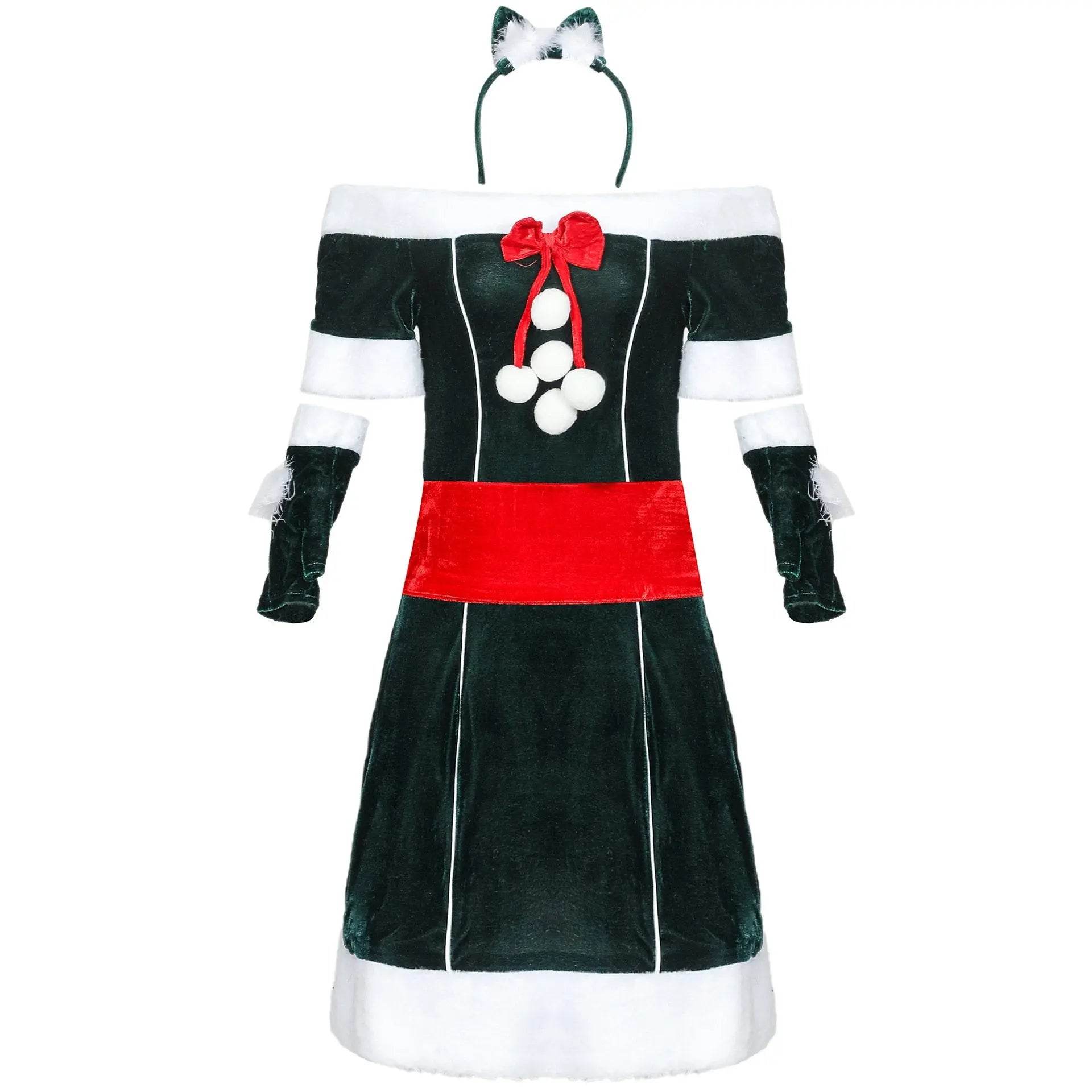 Christmas Off Shoulder Cute Cat Costumes Party Dress - Ecosfun