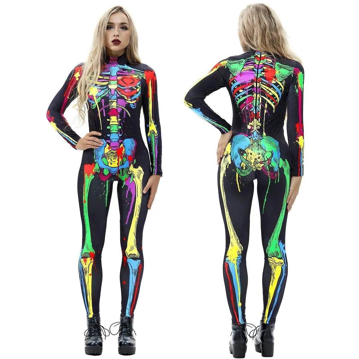 Coloful Skull Halloween Cosplay Costume Bodycon Jumpsuit for Women - Ecosfun