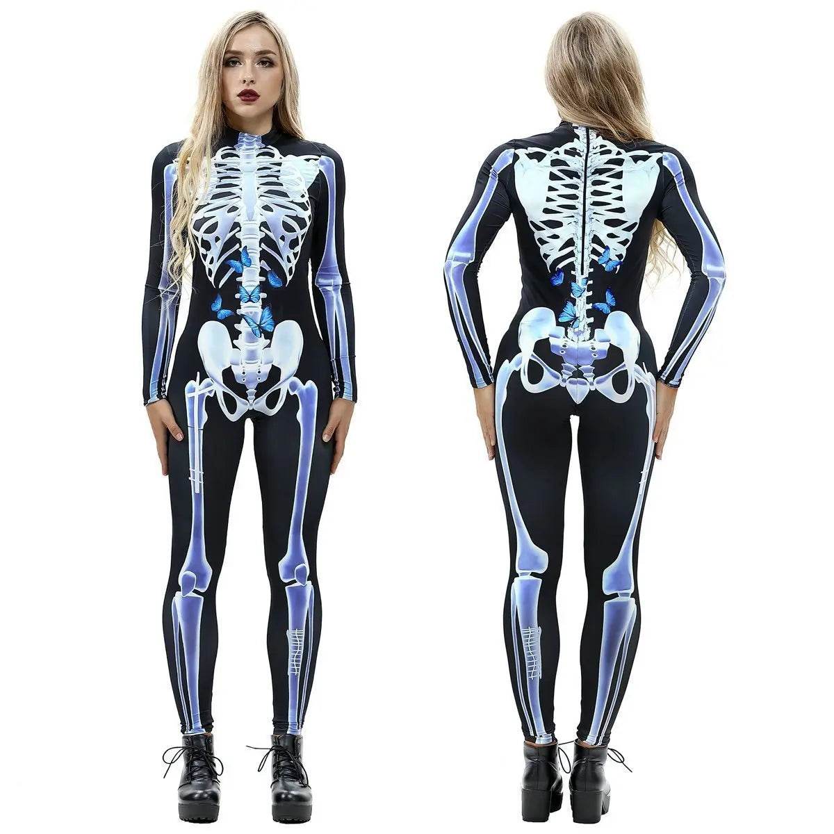 Halloween Skeleton Cosplay Costume Bodycon Jumpsuit for Women - Ecosfun