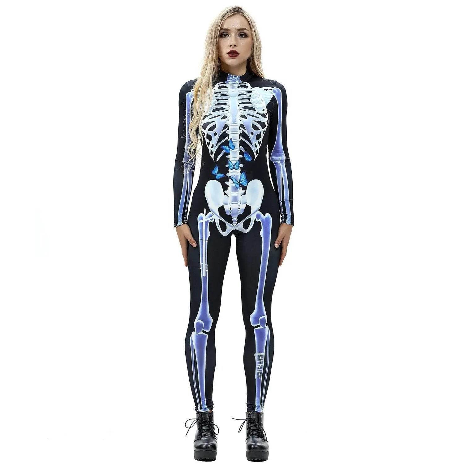 Halloween Skeleton Cosplay Costume Bodycon Jumpsuit for Women - Ecosfun