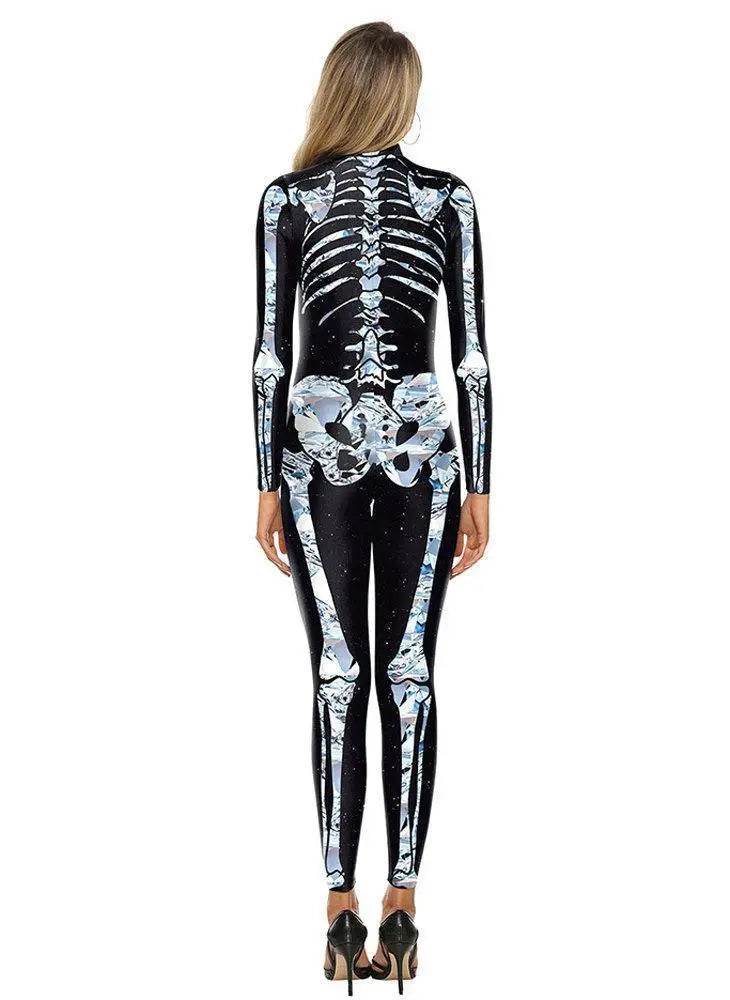 Halloween White Skeleton Elastic Bodycon Jumpsuit Cosplay Costume - Ecosfun
