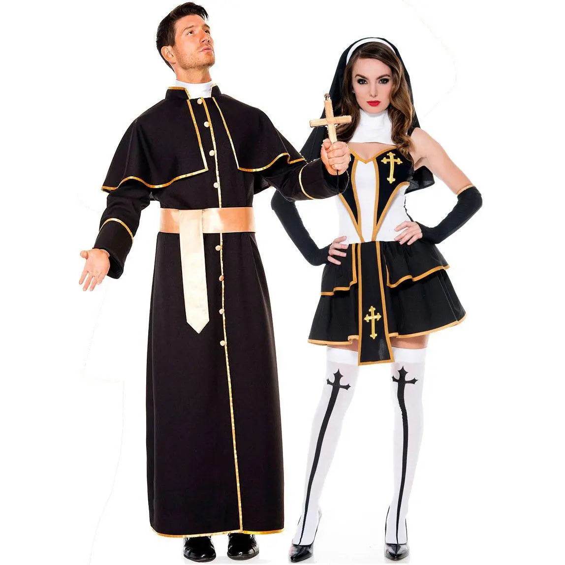 Pastor Fr Nun Couples Costume Halloween Outfits Cosplay Party Carnival - Ecosfun
