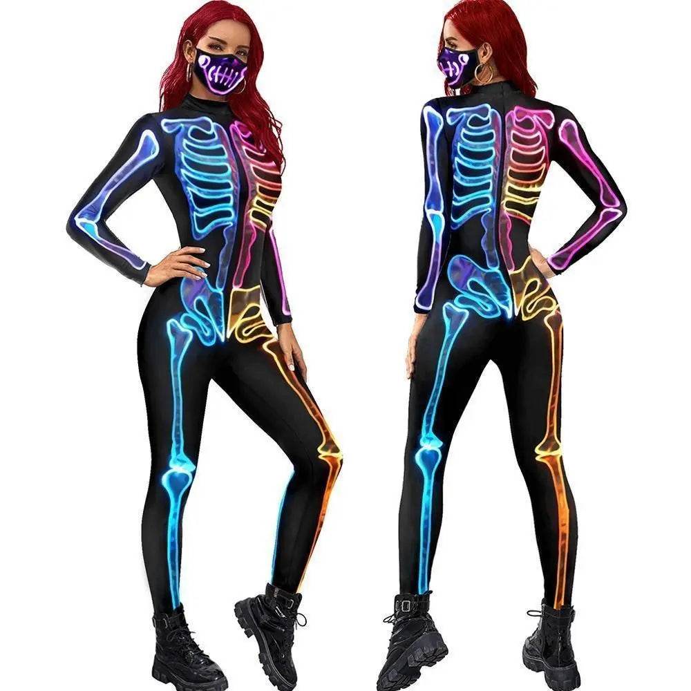Women Halloween Jumpsuit Skull Cosplay Costume Funny Skeleton Halloween Bodysuit Skinny Catsuit - Ecosfun