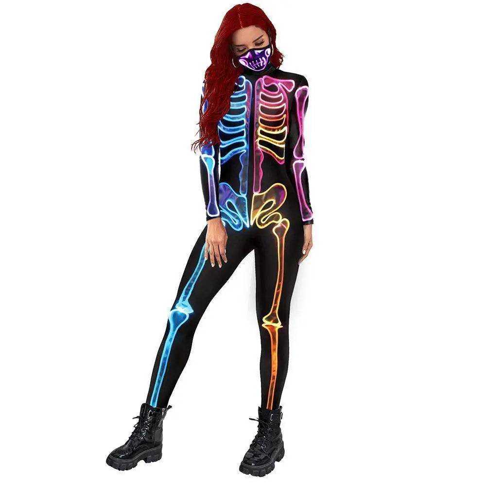 Women Halloween Jumpsuit Skull Cosplay Costume Funny Skeleton Halloween Bodysuit Skinny Catsuit - Ecosfun