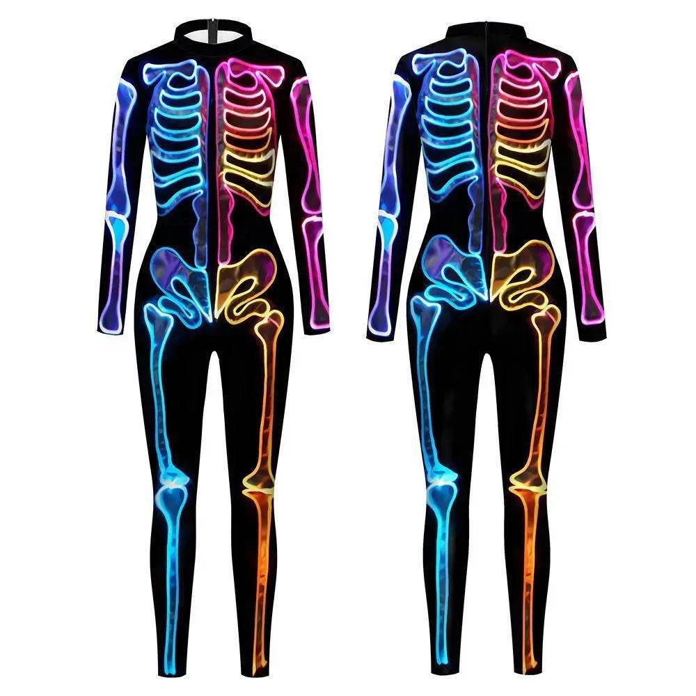 Women Halloween Jumpsuit Skull Cosplay Costume Funny Skeleton Halloween Bodysuit Skinny Catsuit - Ecosfun