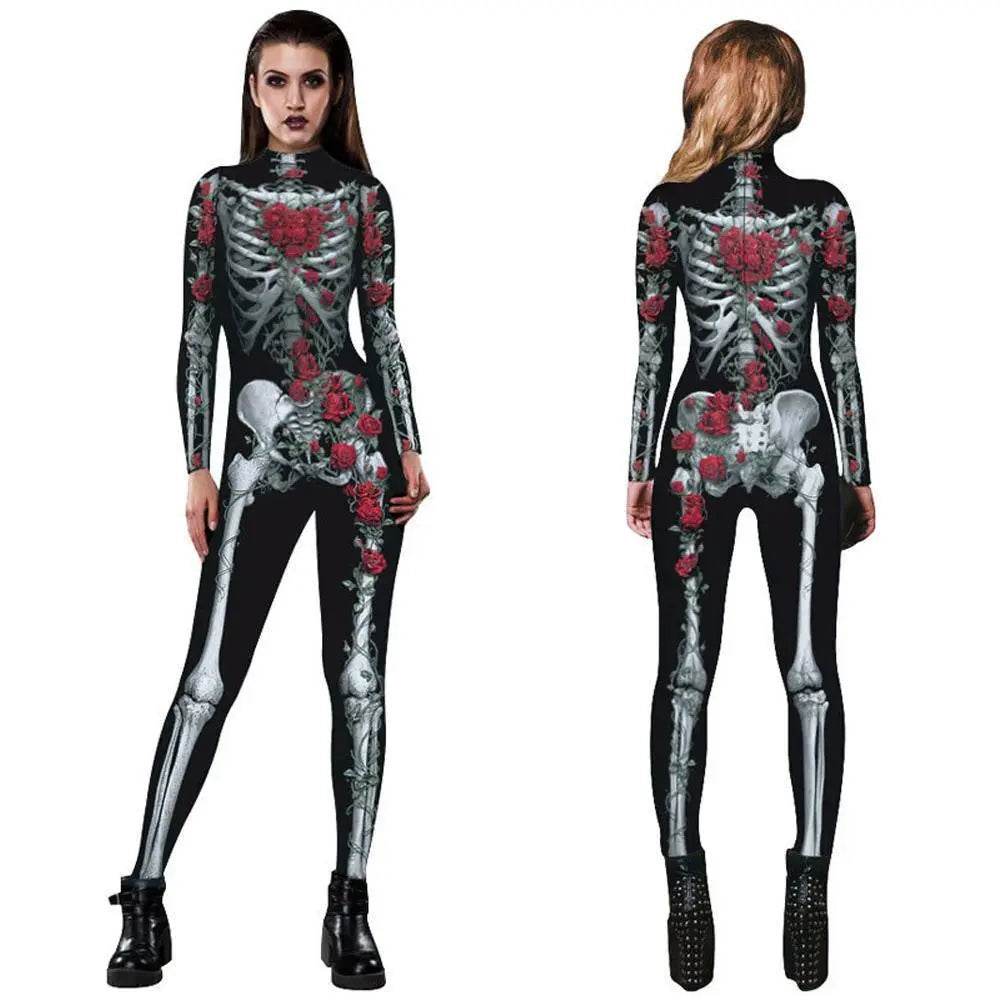 Women Printed Rose Skull Skeleton Catsuit Halloween Costume - Ecosfun