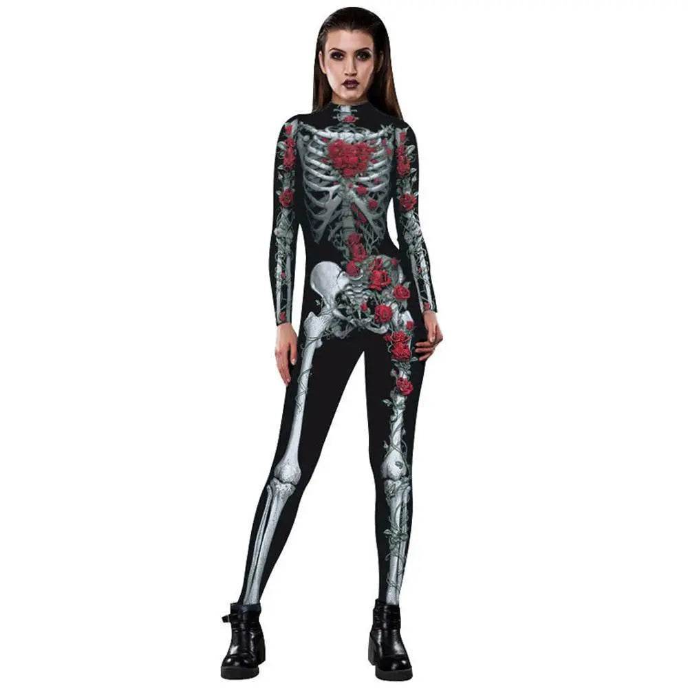 Women Printed Rose Skull Skeleton Catsuit Halloween Costume - Ecosfun