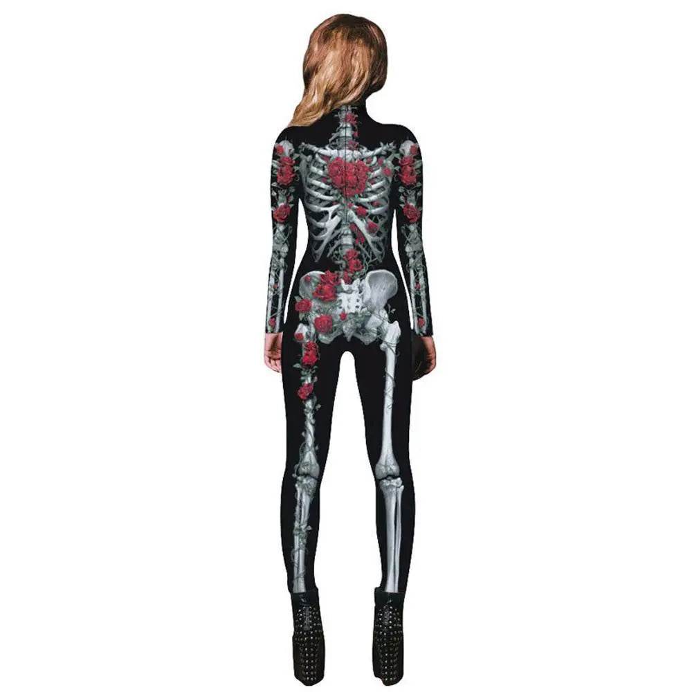 Women Printed Rose Skull Skeleton Catsuit Halloween Costume - Ecosfun