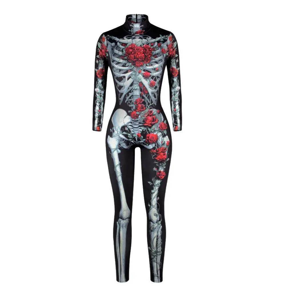 Women Printed Rose Skull Skeleton Catsuit Halloween Costume - Ecosfun