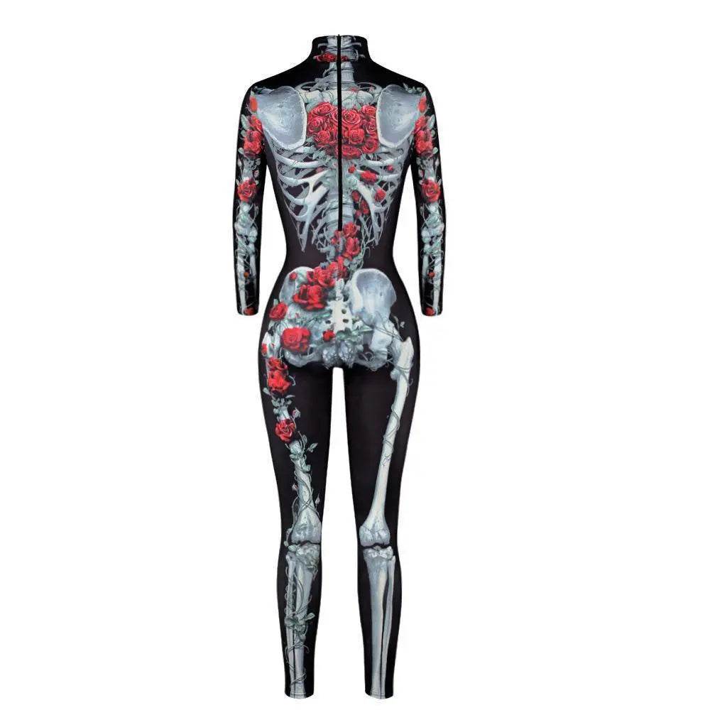 Women Printed Rose Skull Skeleton Catsuit Halloween Costume - Ecosfun