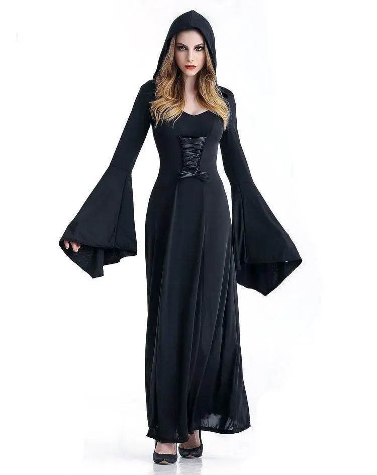 Women's Medieval Vintage Demon Hooded Witch Dress Cosplay Costume Halloween Renaissance Gothic - Ecosfun