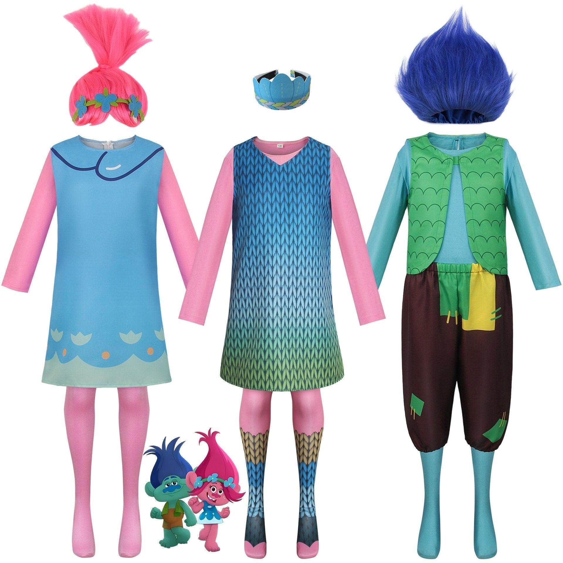 Girl Poppy Dress And Boy Branch Costume Wig Trolls 2 World Tour Cosplay For Kids Adult - Ecosfun