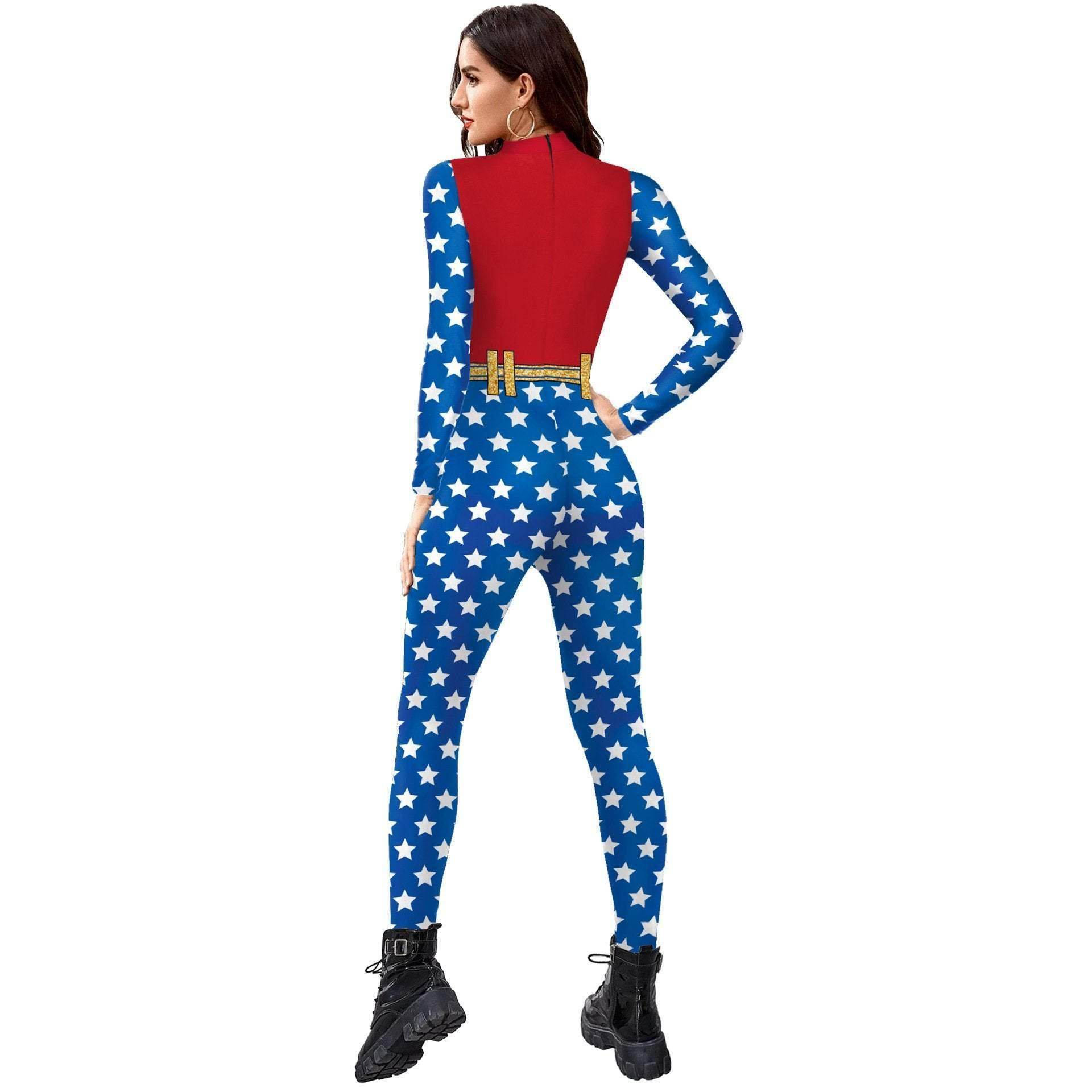 Superhero Wonder Woman Cosplay Costume Halloween Printed Jumpsuit Slim Fit Long Sleeve Party Outfit for Women - Ecosfun