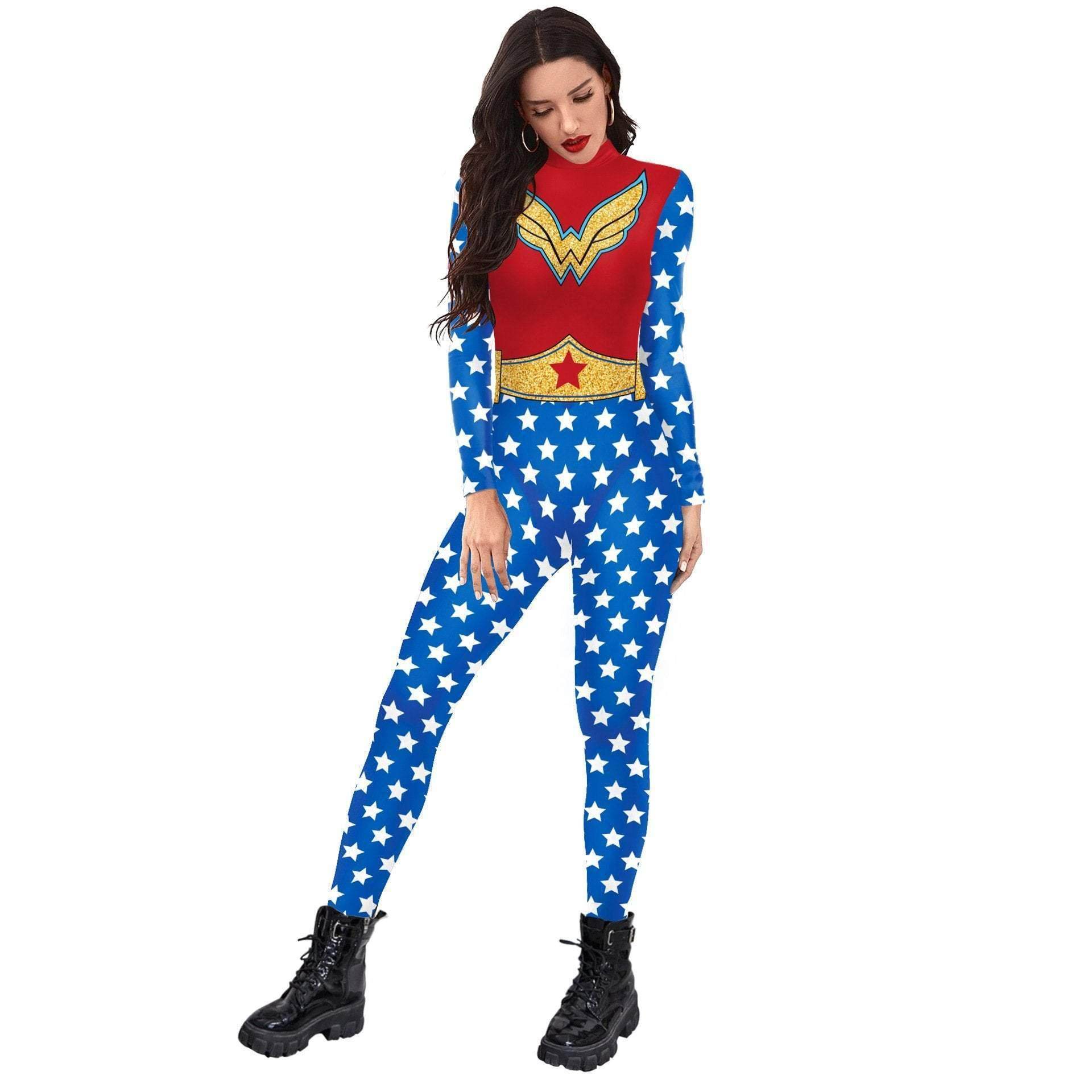 Superhero Wonder Woman Cosplay Costume Halloween Printed Jumpsuit Slim Fit Long Sleeve Party Outfit for Women - Ecosfun