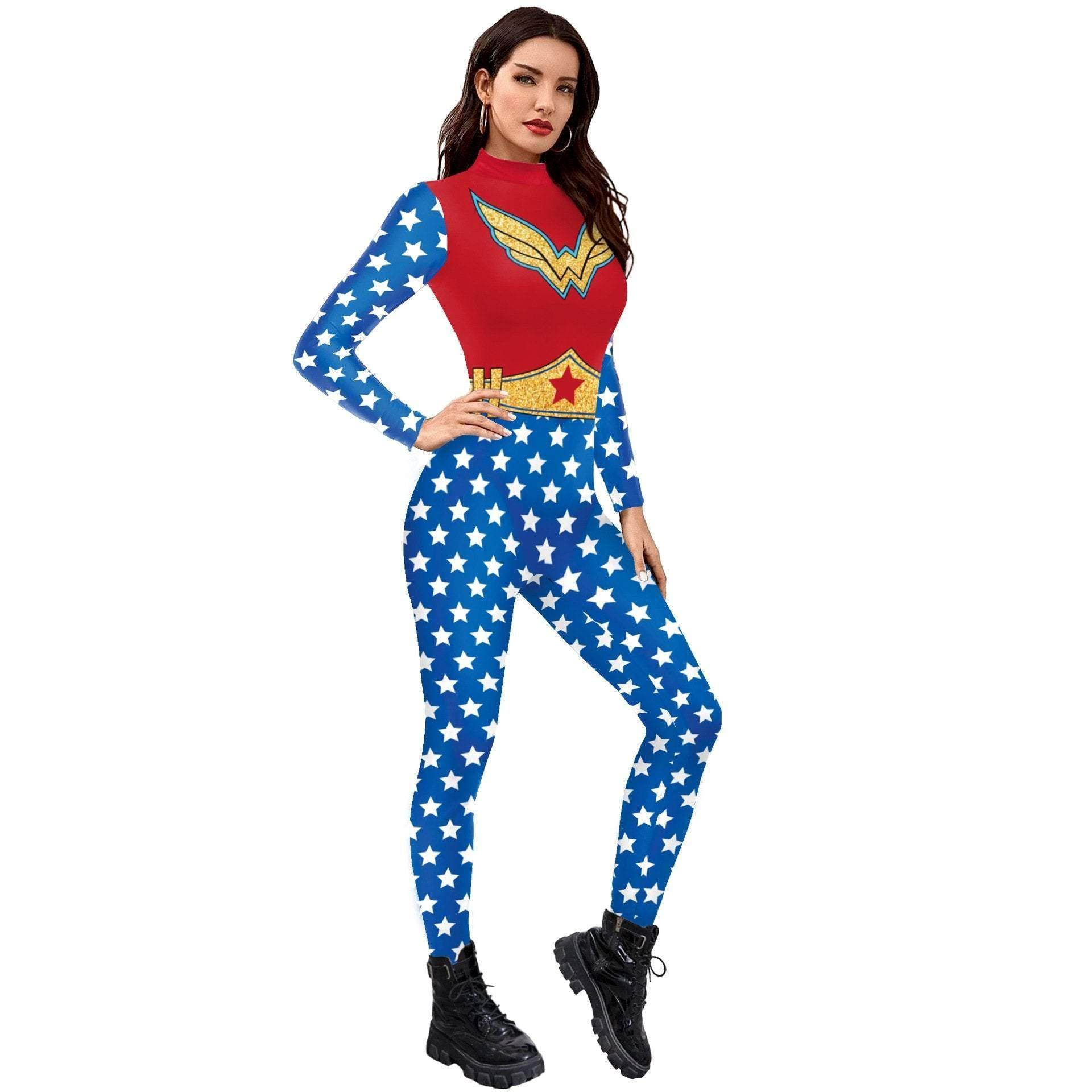 Superhero Wonder Woman Cosplay Costume Halloween Printed Jumpsuit Slim Fit Long Sleeve Party Outfit for Women - Ecosfun