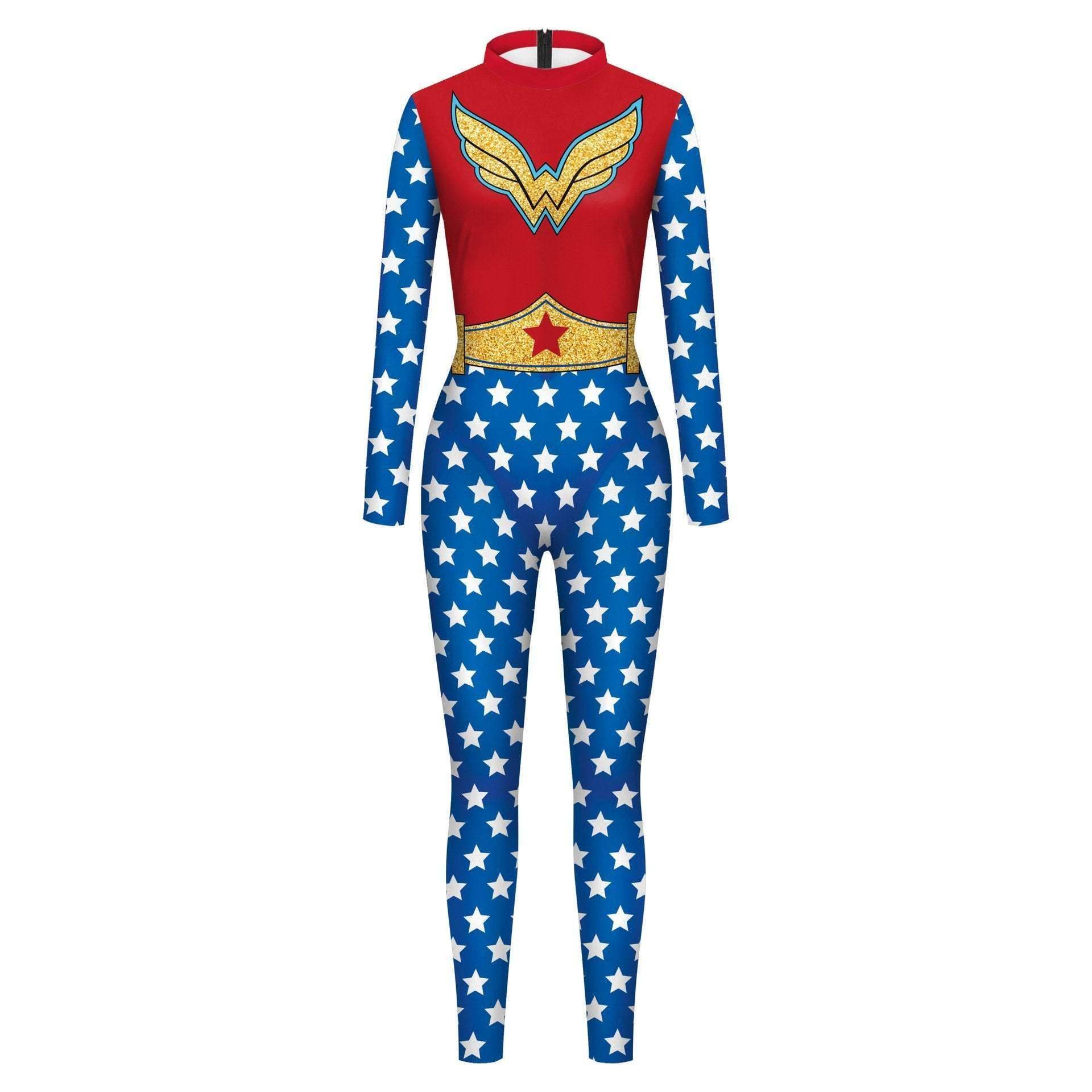 Superhero Wonder Woman Cosplay Costume Halloween Printed Jumpsuit Slim Fit Long Sleeve Party Outfit for Women - Ecosfun