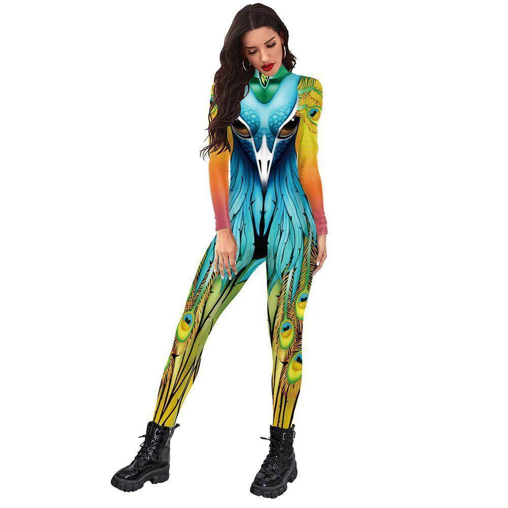 Womens Halloween Costumes Cosplay Peacock Print Jumpsuit Slim Fit Long Sleeve Catsuit Party Outfit - Ecosfun