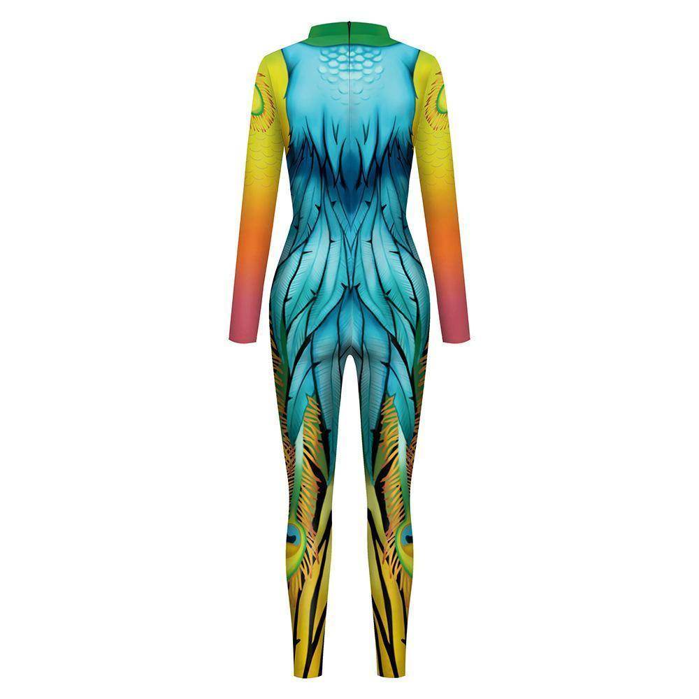 Womens Halloween Costumes Cosplay Peacock Print Jumpsuit Slim Fit Long Sleeve Catsuit Party Outfit - Ecosfun