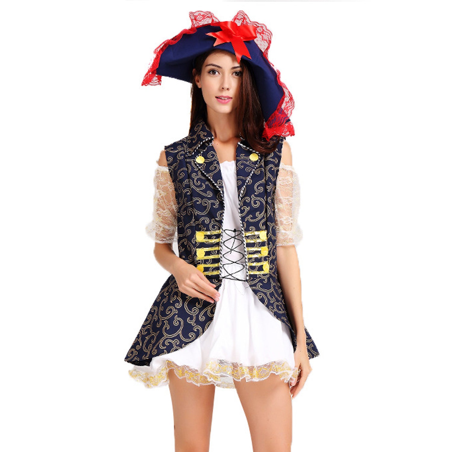 Costume d'uniforme de pirate à motif bleu pour fête femmes Halloween