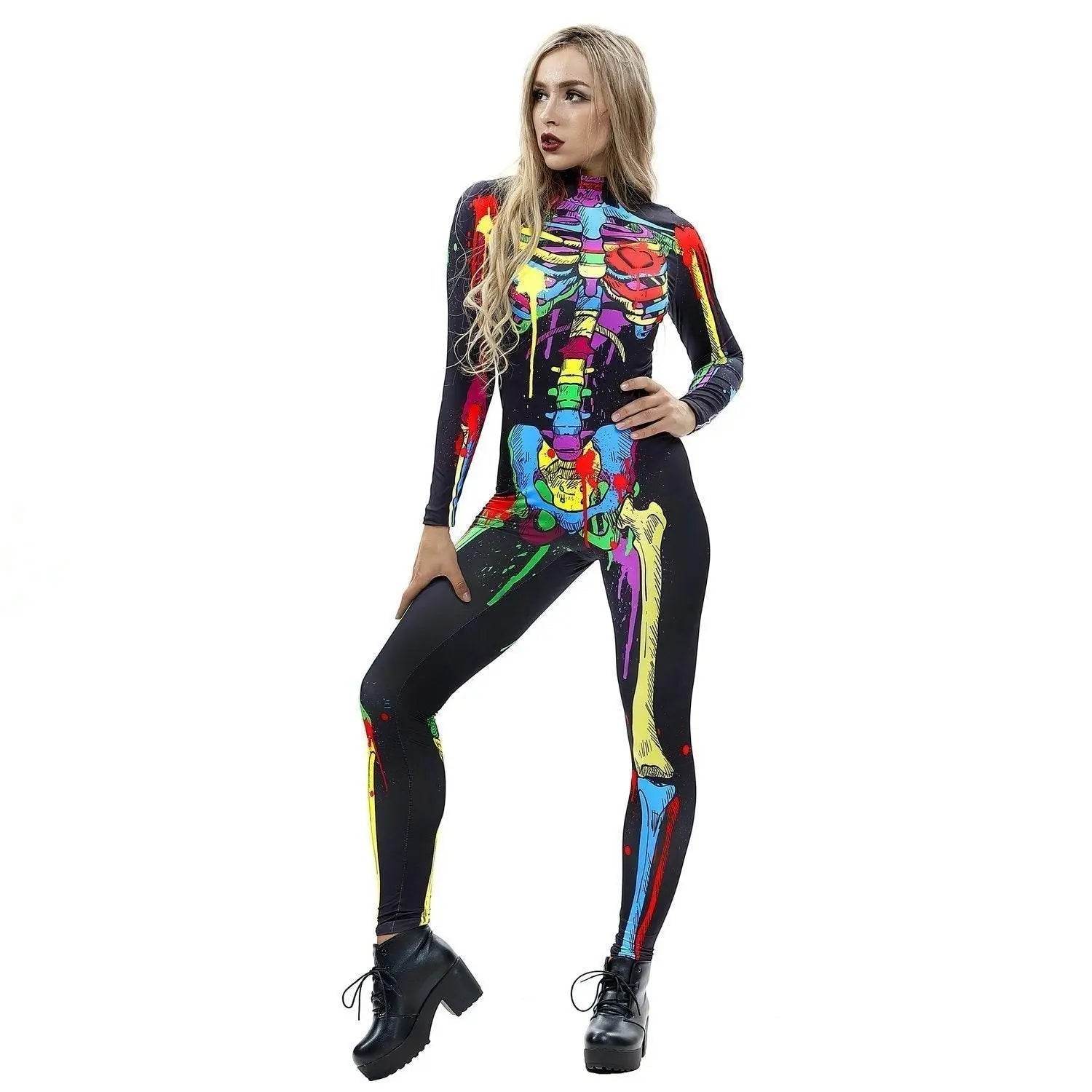 Coloful Skull Halloween Cosplay Costume Bodycon Jumpsuit for Women - Ecosfun