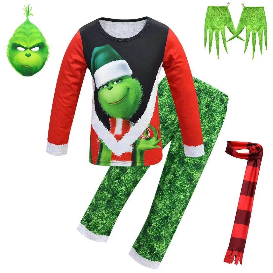 Green Monster Grinch Kids Boys Costume Mask Golves Set Christmas Gift - Ecosfun