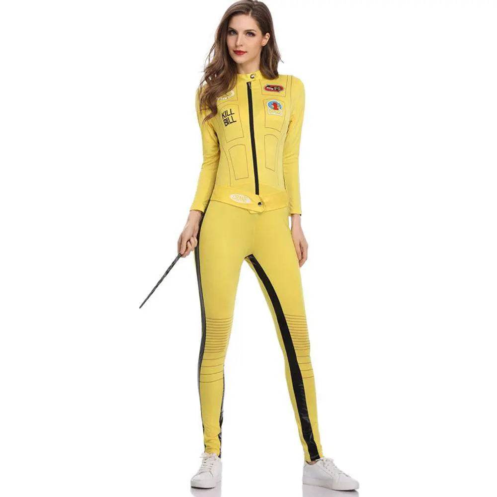 Kill Bill Cosplay Costume Yellow Bodycon Jumpsuit Motorcycle Night Club Racer Zentai Suits for Women - Ecosfun