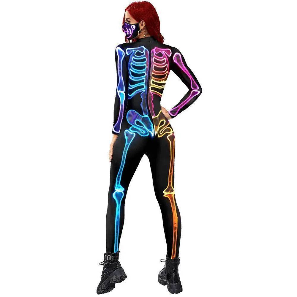 Women Halloween Jumpsuit Skull Cosplay Costume Funny Skeleton Halloween Bodysuit Skinny Catsuit - Ecosfun