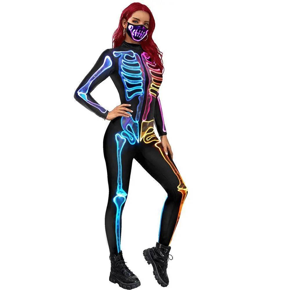Women Halloween Jumpsuit Skull Cosplay Costume Funny Skeleton Halloween Bodysuit Skinny Catsuit - Ecosfun