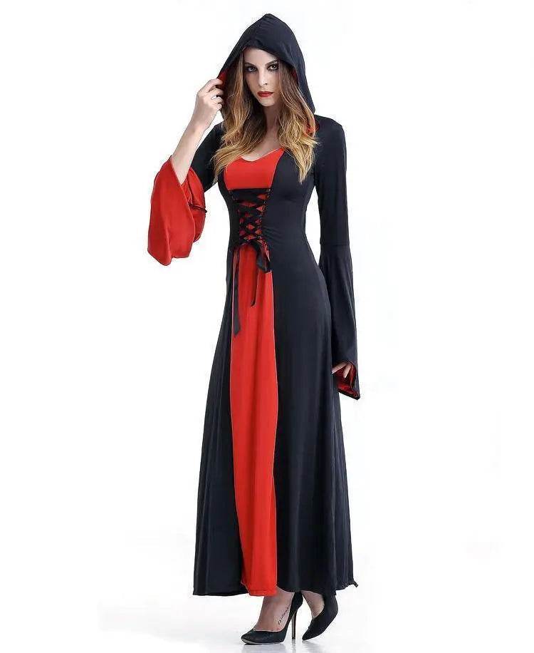 Women's Medieval Vintage Demon Hooded Witch Dress Cosplay Costume Halloween Renaissance Gothic - Ecosfun