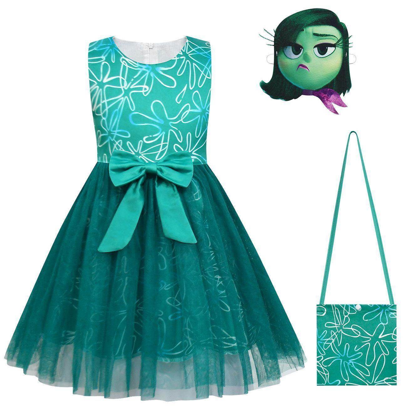Kids' Inside Out Disgust Tutu Dress Cosplay Princess Gown with Bag and Mask - Ecosfun