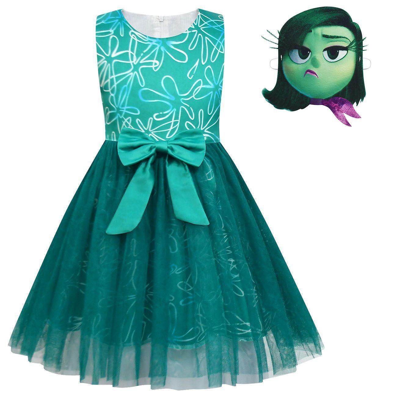 Kids' Inside Out Disgust Tutu Dress Cosplay Princess Gown with Bag and Mask - Ecosfun