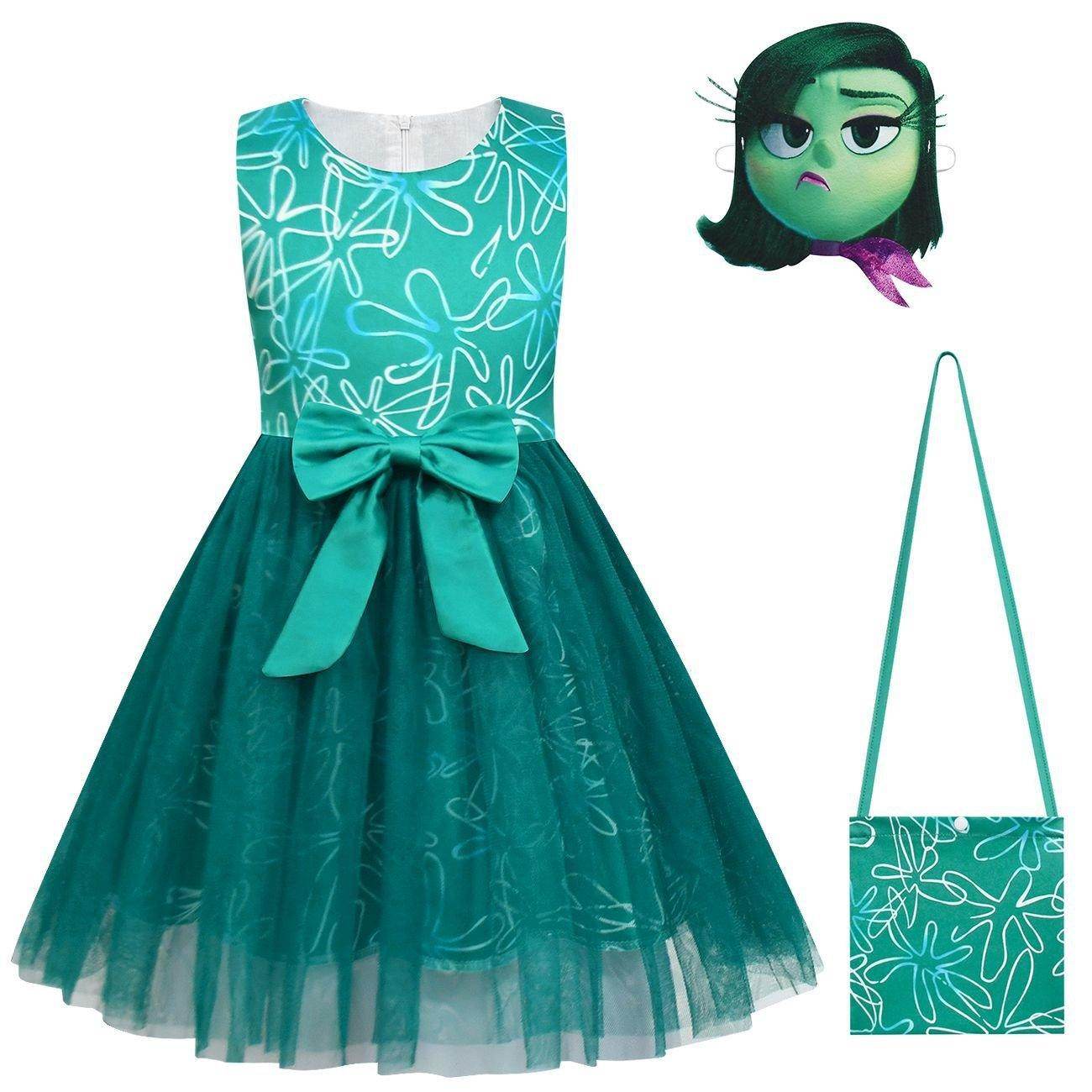 Kids' Inside Out Disgust Tutu Dress Cosplay Princess Gown with Bag and Mask - Ecosfun