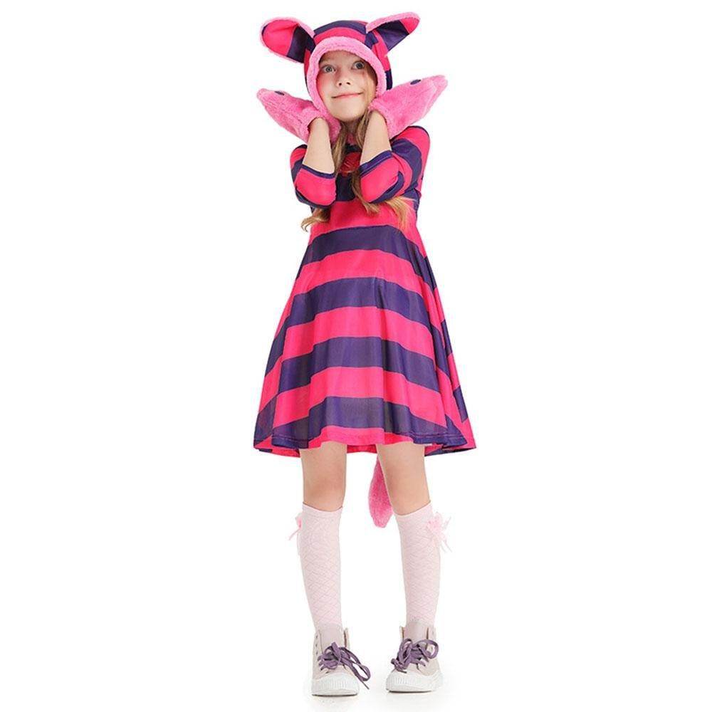 Purple Striped The Cheshire Cat Dress Halloween Outfits Carnival Cosplay Costume For Kids - Pajamasbuy